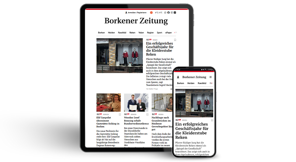 Darstellung der Website der Borkener Zeitung auf einem Tablet und einem Smartphone, mit verschiedenen Artikeln und Bildern auf der Startseite.